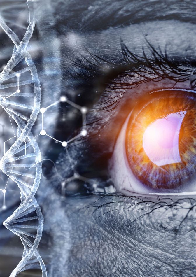 Nahaufnahme eines Auges mit DNA-Doppelhelix als Symbol für das persönliche Sehprofil